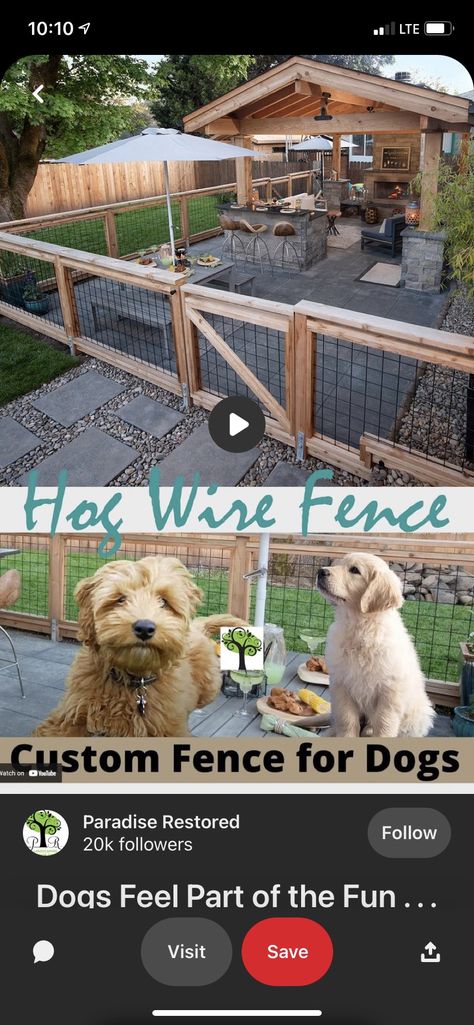 Hog Wire Dog Fence, Hog Wire Fence For Dogs, Small Dog Run Ideas Backyard Diy, Backyard Patio Fence Ideas, Back Porch Dog Area, How To Build A Hogwire Fence, Barnyard Fence Ideas, Hog Wire Fence Gate Ideas, Fenced Back Patio