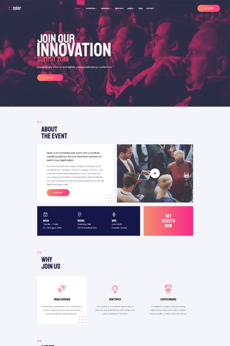 The "SPKER - Conference & Event WordPress Theme" is a theme designed for creating websites for conferences, events, seminars, workshops, and other similar gatherings. It provides various features and tools to help event organizers promote and manage their events effectively. Webpage Design Layout, Conference Themes, Website Layout Inspiration, Creating Websites, Website Design Inspiration Layout, E Ticket, Conference Event, Business Conference, Best Website Design