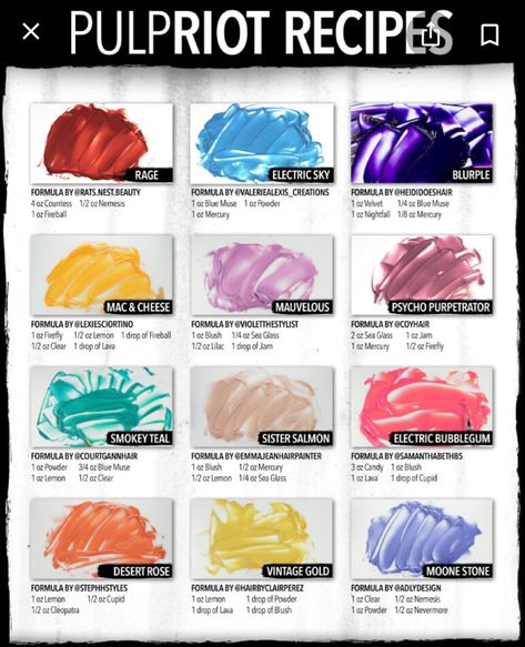 Pulp Riot Hair Color Formulas, Pulp Riot Hair Color Ideas, Color Placement Techniques, Wella Formulas, Pravana Hair Color, Hair Color Wheel, Colorful Highlights, Hair Color Placement, Hair Color Swatches