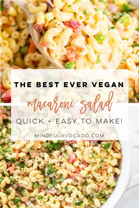 This vegan macaroni salad recipe is the BEST! Macaroni pasta with peas, peppers, celery, and a creamy dressing! #vegansidedish #veganmacaronisalad #veganbbq | Mindful Avocado Easy Vegan Potluck Recipes, Vegan Potluck Recipes, Vegetarian Cookout, Vegan Macaroni Salad, Vegan Cookout, Summer Potluck Recipes, Family Cookout, Veg Salad, Vegetarian Diets