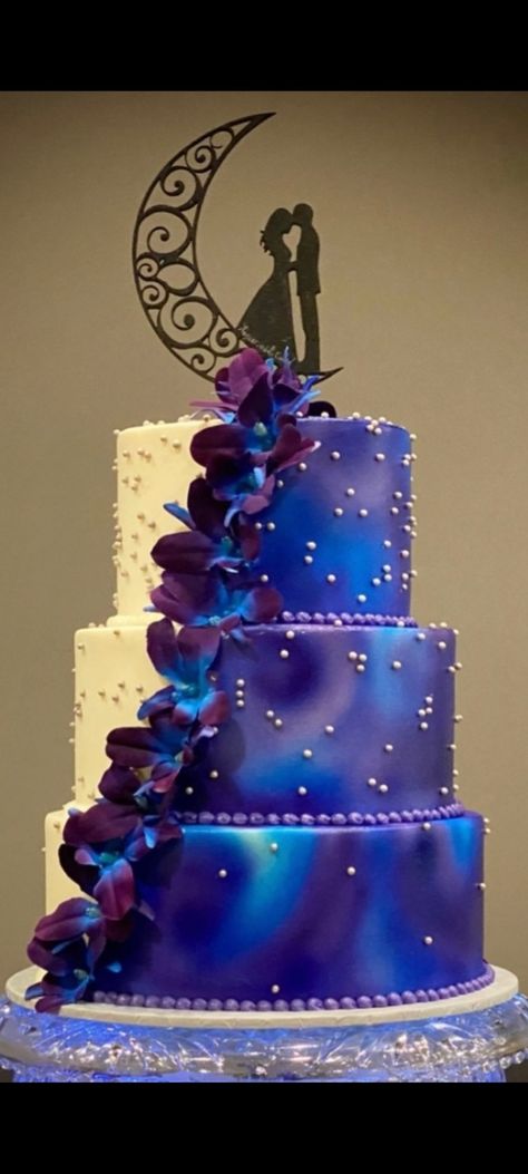 Black Blue And Purple Wedding Dress, Diy Galaxy Wedding Decorations, Purple And Teal Wedding Dress, Royal Blue And Dark Purple Wedding Theme, Dark Blue And Dark Purple Wedding, Purple Theme Wedding Cake, Royal Blue Purple And Gold Wedding, Blue And Purple Beach Wedding, Turquoise And Purple Wedding Decorations