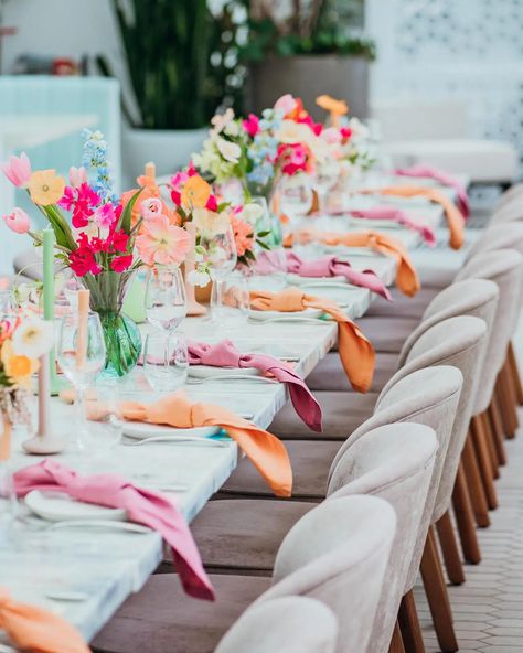 Styling a Spring Fling in Coogee Coloured Table Setting, Spring Theme Table Decor, Colourful Wedding Tablescape, Bright Wedding Table Decor, Simple Colourful Wedding Decor, Colourful Napkins Wedding, Colorful Wedding Napkins, Coloured Napkins Wedding, Different Color Tablecloths Wedding