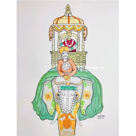 Drawing of Goddess Chamundi on the Golden Palanquin, Jumbo Savari during Mysore dasara Dasara Painting, Mysore Dasara Drawing, Mysore Dasara Paintings, Dasara Drawing Ideas, Mysore Ambari Elephant, Dasara Drawing, Drawing Of Goddess, Mysore Dasara, God Painting