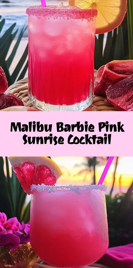 Malibu Barbie Pink Sunrise Cocktail Recipe Experience the taste of the tropics with the Malibu Barbie Pink Sunrise Cocktail! This vibrant and refreshing drink is perfect for your Barbie-themed party or any summer gathering. Delight in the flavors of Malibu rum, peach schnapps, and pink lemonade, topped with a beautiful sunrise effect. #MalibuBarbieCocktail #BeachVibes #TropicalDrinks Malibu Barbie Drink, Pink Alcoholic Drinks, Pink Party Foods, Malibu Rum Drinks, Malibu Pineapple, Malibu Cocktails, Malibu Drinks, Sunrise Cocktail, Pink Sunrise