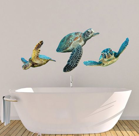 Sea Turtle Decals Wall Decals Bathroom Stickers Bathroom - Etsy Turtle Decals, Wall Decals Bathroom, Sea Turtle Decal, Sea Nursery, Popular Interior Design, Bathroom Stickers, Small Turtles, Coastal Bathroom, Tropical Architecture