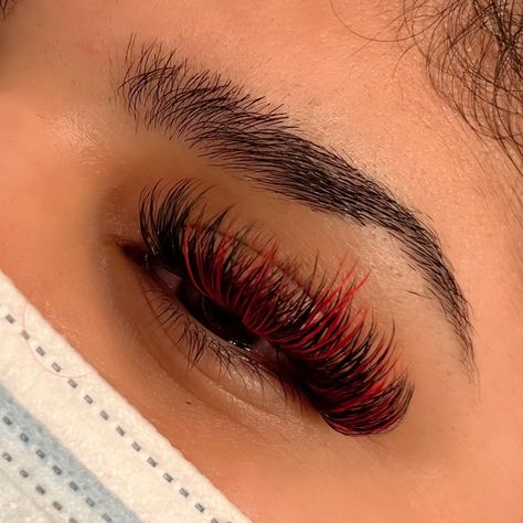 Red Eyelash extensions Red Lash Extensions Styles, Red And Black Lash Extensions, Red Eyelashes Extensions, Red Lashes Extensions, Lash Extensions With Color Red, Lash Extensions With Red Color, Red Eyelash Extensions, Red And Black Lashes, Lashes With Red Color