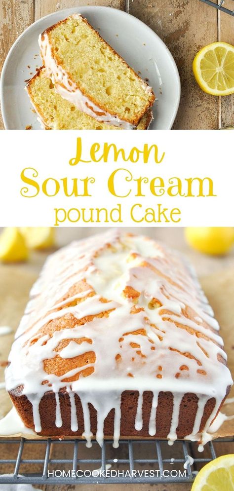 Baked lemon pound cake with a glaze drizzled over the top that is dripping down the front. Some cut slices of pound cake. Lemon Sour Cream Pound Cake, Sour Cream Desserts, Lemon Treats, Lemon Loaf Cake, Frozen Lemon, Sour Cream Pound Cake, Sour Cream Recipes, Sour Cream Cake, Lemon Bread