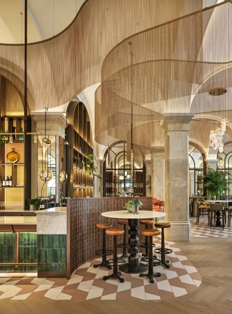 High Ceiling Restaurant Design, Themed Restaurant Ideas, Club Room Design, Elegant Restaurant Interior Design, Equestrian School, Hotel Mood Board, Commercial Interior Architecture, Restaurant Interior Design Ideas, Resort Interior Design