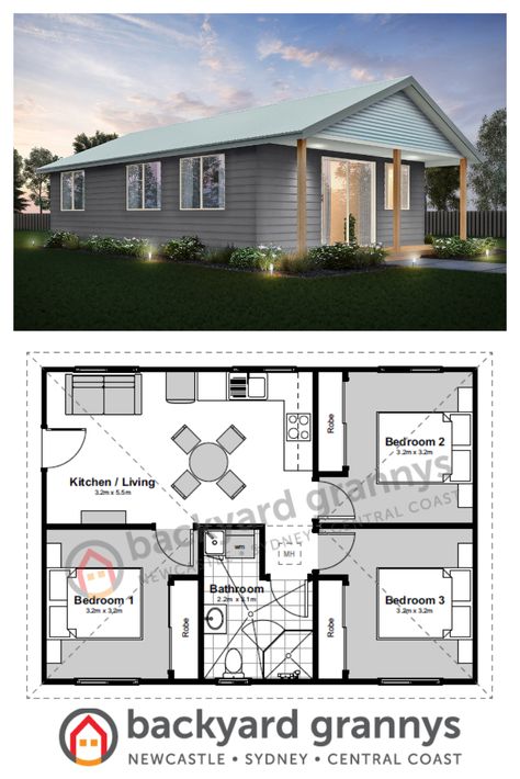 The Yarra is a 3 bedroom granny flat design that is best suited to investors. It is best to be built in areas that are near universities and have a high volume for shared housing. This design also has a combined bathroom/laundry and a kitchen/living and dining area.   #grannyflat #grannyflats #designergrannyflat #grannyflatdesign #3bedroomgrannyflat #3bedroomhome #tinyhome #sharedaccommodation #grannyflatfloorplan #propertyinvestment 3 Bedroom Granny Flat Plans, Granny Flat Floor Plans, Floor Plans 3 Bedroom, Granny Flat Plans, Flat Plan, Granny House, Granny Pod, Men Cave, Granny Flats