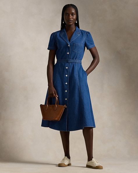 Buttoned Denim Midi Dress Baby Blue Aesthetic, Denim Midi Dress, Ralph Lauren Denim, Japanese Denim, Denim Shirt Dress, Swimwear Dress, Notch Collar, Design Dress, Shirt Dresses