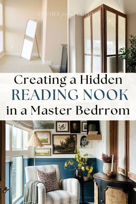 Whether it’s a bedroom nook, angled ceiling, or dysfunctional layout, using the right DIY tricks can turn problem spaces into complete showpieces. Nooks come in different shapes and sizes, and with some thought, creativity, and determination, you can transform these awkward spaces into picturesque areas in your home! Check out this home renovation project where I transformed an elevated platform in the master bedroom into an elegant reading space. Odd Nook Ideas, Bedroom Nook Ideas Master Window, Reading Nook In Living Room Window Bed, Bedroom With Seating Area Master, Closet Converted To Reading Nook, Bedroom Nook Ideas Master, Transform Closet Into Nook, Bedroom Alternative, Closet Transformed Into A Book Nook