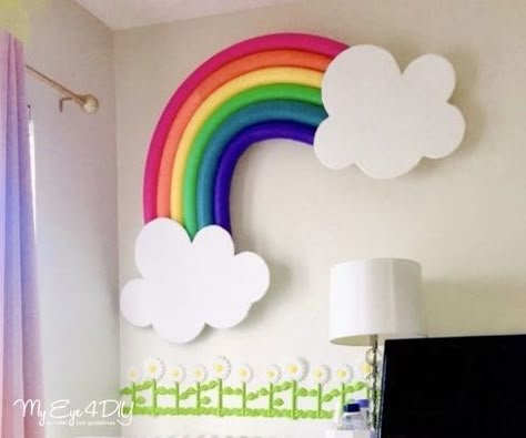 Rainbow Classroom Theme Decor Diy, Big Rainbow Decoration, Rainbow With Pool Noodles, Rainbow Board Ideas, Diy Rainbow Decorations Classroom, Rainbow Wall Decor Diy, Rainbow School Decorations, Giant Rainbow Decoration, Rainbow Decor Classroom