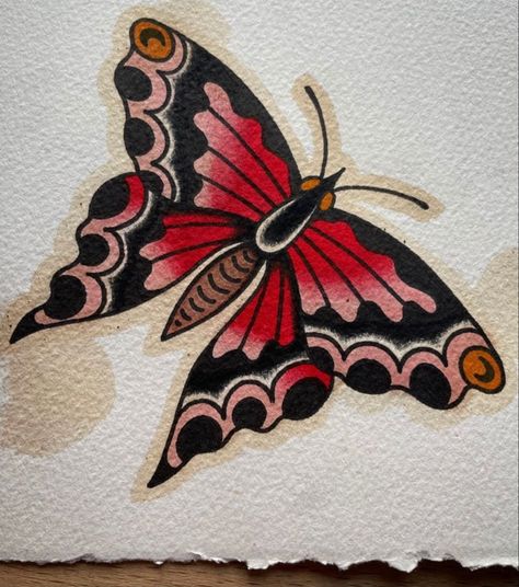 American Trad Butterfly Tattoo, Feminine American Traditional Tattoos Butterfly, Traditional Butterflies Tattoo, American Traditional Butterfly Flash, Traditional Japanese Butterfly Tattoo, American Trad Butterfly, Butterfly American Traditional Tattoo, Traditional Butterfly Tattoo Color, American Traditional Tattoos Moth