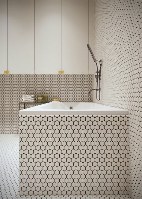 This refined two-bedroom apartment is the work of design team Vishnyakov & Pokrovsky. Titled "Honey White", its bright interior remains minimalist but sweetly w Bathroom Design Small Modern, Luxury Bathroom Master Baths, Grey Floor Tiles, Best Bathtubs, Bathtub Tile, Apartment Bathroom, Hexagon Tiles, Trendy Bathroom, Dream Bathroom