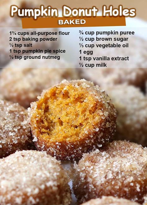 Pumpkin Donut Holes, Pumpkin Donut, Doughnut Holes, Pumpkin Desserts, Pumpkin Recipes Dessert, Donut Holes, Fall Breakfast, Baked Donuts, Baked Pumpkin