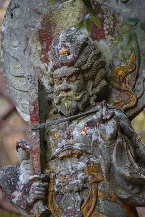 https://flic.kr/p/dUbG6r | Hachiman | Another figure of Hachiman - warrior-god and Bodhisattva, and namesake of the mountain.  This is perhaps my favorite figure here - it is so beautifully detailed. Jungian Archetypes, Kyushu Japan, Japanese Buddhism, Japanese Mythology, Japanese History, Stone Statues, Types Of Tea, Kyushu, A Level Art