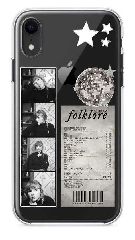 #folklore #taylorswift #folklorealbum #folklorephonecase #aesthetic #mirrorball #coquette Folklore Phone Case, Phone Case Ideas, Clear Phone Case Design, Diy Iphone Case, Case Ideas, Mirror Ball, Black Phone, Aesthetic Phone Case, Clear Phone Case