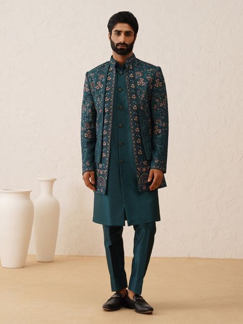 Teal Green Embroidered Jacketed Indo Western Sherwani,mens wedding sherwani,mens indowestern,groom wedding sherwani,men sherwani for wedding by PARIVAR on Etsy Jodhpuri Sherwani For Men Wedding Royal, Sherwani For Men Wedding Royals, Groom Wedding Sherwani, Open Sherwani, Sherwani For Wedding, Men Sherwani, Man Dress Design, Indo Western Sherwani, Sherwani For Men Wedding