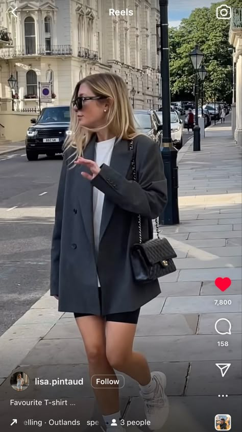 Biker Short Blazer Outfit, Blazer With Biker Shorts Outfit, Oversized Blazer Biker Shorts, Blazer Cycling Shorts Outfit, Oversize Blazer Outfit Summer, Blazers With Biker Shorts, Romper Sneakers Outfit, Black Blazer Shorts Outfit, Oversized Blazer And Tights