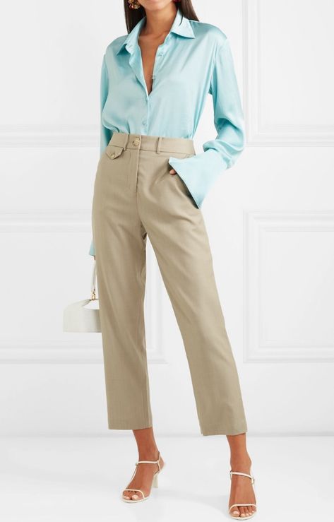 Satin Tunic Outfit, Kpop Dress, Mint Shirt, Turquoise Shirt, Anna Quan, Silky Shirt, Rejina Pyo, Office Chic, Beige Outfit