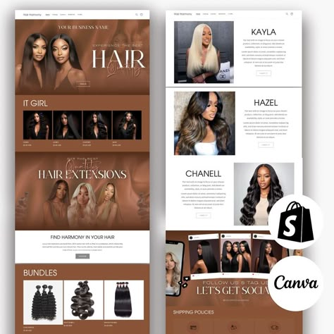 Brown Shopify Theme Template | Hair Harmony 🤎⚜️ I feel like a good shade of brown is always beautiful on website design ✨ Rich and deep, I just got inspired for a hair company web design and I loved how it turns out 💅🏾 🔗 Obviously you can find this design in my Etsy Store NOW 🫧 Let me know what you think about this website 💭 I can’t wait to share more of my work with y’all 🤎⏳ #webdesigner #websitedesign #shopifythemecustomization #shopifythemes #canvadesign #canvadesigner #branding #digi... Business Layout Design, Hair Promotions Ideas, Site Internet Design, Personal Stylist Website Design, Hair Website Design Inspiration, Hair Website Template, Weave Business, Hair Salon Web Design, Hairstylist Website Design