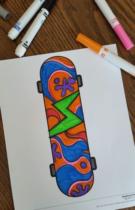 Day 3: Skateboard Art Skateboard Crafts, Skateboard Craft, Sports Theme Art Projects For Kids, Ready Set Move Vbs Crafts, Back Of Skateboard Painting, Sports Theme Art, Skateboard Canvas Painting, Painting My Skateboard, Welcome Skateboards Art