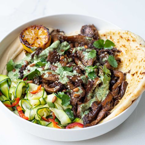 Mob — Sticky Mushroom Pitta and Hummus Bowl Mushroom Hummus, Tahini Hummus, Cooked Mushrooms, Hummus Bowl, Broccoli Pesto, Small Food Processor, Healthy Veggies, Pesto Pasta, Healthy Lunch Recipes