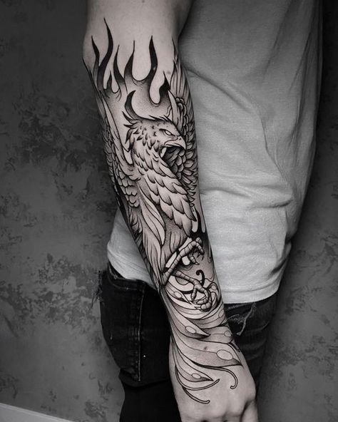 Phoenix Tattoo Sleeve, Really Bad Tattoos, Family Tattoos For Men, Half Sleeve Tattoos Forearm, Animal Sleeve Tattoo, Z Tattoo, Forearm Band Tattoos, Dragon Sleeve Tattoos, Men Tattoos Arm Sleeve