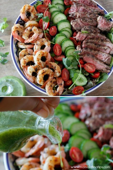 Surf And Turf Salad, Grilled Surf And Turf, Beef Kabob Recipes, Steak Salad Recipe, Healthy Steak, Grilled Salad, South American Recipes, Cilantro Dressing, Steak And Shrimp