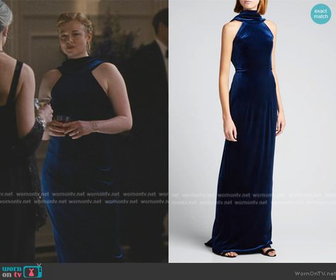 Shiv’s blue velvet maxi dress on Succession. Outfit Details: https://wornontv.net/344212/ Shiv Roy Dress, Shiv Roy Blue Dress, Shiv Succession Style, Succession Shiv Outfits, Dress Like Shiv Roy, Shiv Roy Outfit, Shiv Succession Hair, Polo Ralph Lauren Women Outfits, Succession Style