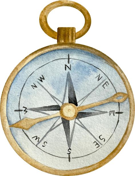 Watercolor gold and blue vintage pocket compass. Nautical elemen Seasons Clipart, Compass Drawing, Nautical Clipart, Compass Art, Airplane Drawing, Book Clip Art, Clipart Animals, Pocket Compass, Vintage Compass