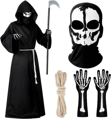 Grim Reaper Costume, Reaper Costume, Skeleton Face, Hooded Robe, Grim Reaper, Accessories Clothing, Face Cover, Shoes Jewelry, Skeleton