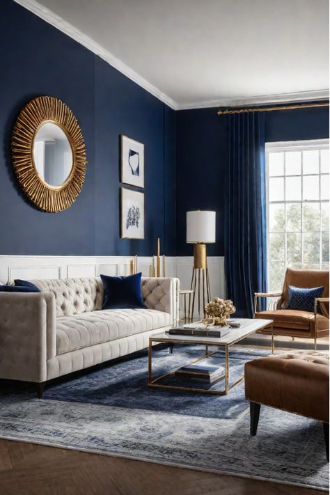 Elegant living room with navy blue accent wall and gold decor Navy Blue And Ivory Living Room, Navy Blue Ivory Gold Living Room, Navy Blue Beige And Gold Living Room, Blue Gold And Cream Living Room, Marine Blue Living Room, Dark Blue And Cream Living Room, Navy Blue And Beige Living Room Ideas, Dark Blue And Beige Living Room, Navy Home Interior