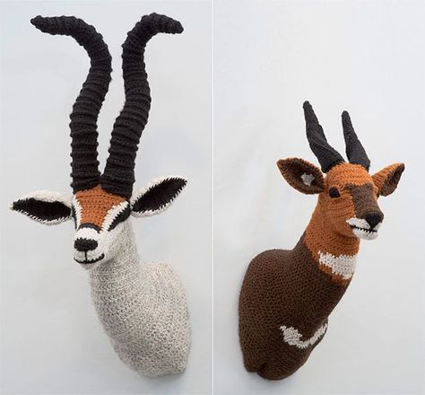 Crochet Fauxidermy At Its Finest, By Nathan Vincent - 'The Lodge' #crochet #fauxidermy #gender Crochet Animal Heads, Crochet Animal Head, Crochet Taxidermy, Crochet Animal, Knitted Animals, Animal Heads, Crochet Toys Patterns, Crochet Art, Crochet Home