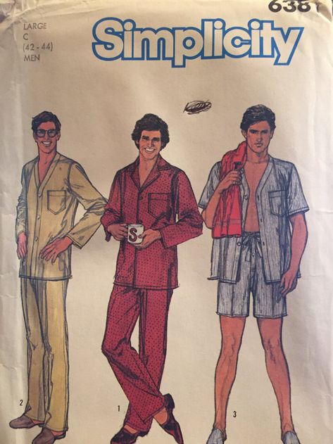 Men's Pajamas Sewing Pattern Simplicity 6381 size large 42-44 ©1984; Men's Pajamas: The pajama top with front button closing, has long set-in sleev Pajamas Sewing Pattern, Pajamas Sewing, Pajamas Pattern, 1980s Men, Sewing Pattern Vintage, Men's Pajamas, Lupin The Third, Pajama Pattern, Weird Fashion