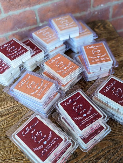 Wedding Favor Wax Melts. Personalized. Pick Scent And Label. Can Make Custom Design. Fall Wedding. Wax Melt Label Ideas, Wedding Wax Melts, Wax Melts Wedding Favors, Wax Melts Warning Labels, Cute Wax Melt Packaging, French Vanilla Coffee, Rose Fragrance, Vanilla Coffee, Pink Sugar