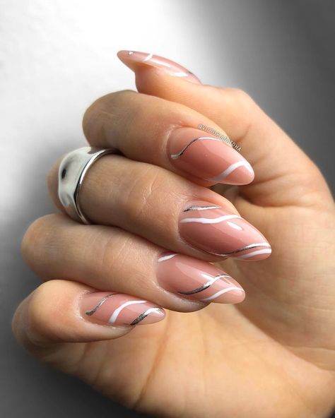 Simple Pink And Silver Nails, Pink And Silver Swirl Nails, Nails With Waves Lines, Silver Swirly Nails, Pink And White Abstract Nails, Silver Swirls Nails, Simple Nails Silver, Silver Swirl Nails, Chrome Swirl Nails