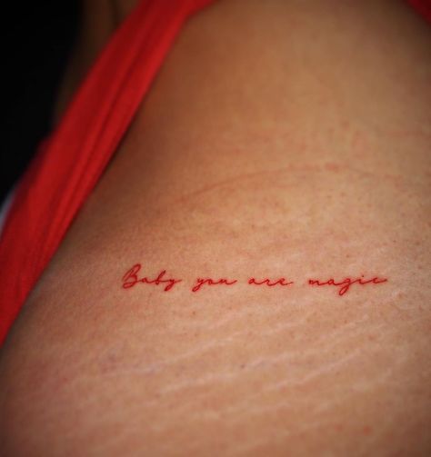 “Baby, you are magic”, quote placed on the side thigh. DM for bookings 😊. • • • • • • • • • • • • • #orlando #florida #quotetattoo… | Instagram Tattoo About Strength, Orlando Tattoo, Magic Tattoo, Ornamental Tattoo, Red Ink Tattoos, Delicate Tattoo, Thigh Tattoos Women, Tattoo Script, Thought Provoking Quotes