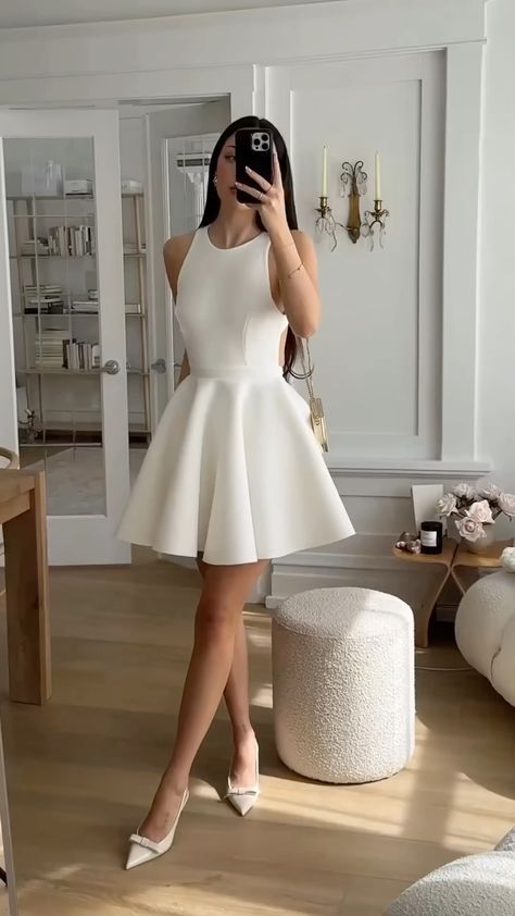 Short White Evening Dress, White Short Prom Dress, Prom Dress Halter Neck, Dope Fashion Outfits, Civil Dress, Prom Dress Halter, A Line Ball Gown, Prom Dress Sleeveless, Guest Ideas