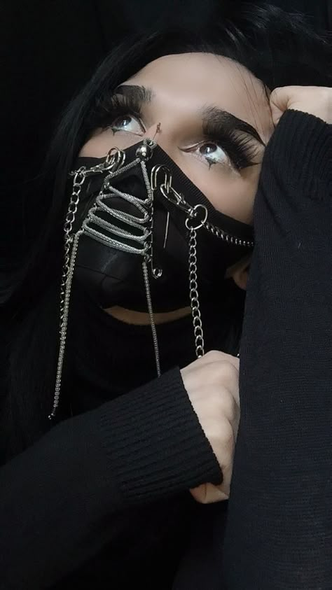 Goth Mask Aesthetic, Goth Face Mask, Short Low Ponytail, Mouth Mask Aesthetic, Dsmp Character Design, Soft Goth Fashion, Metal Concert Outfit, People Wearing Masks, Goth Mask