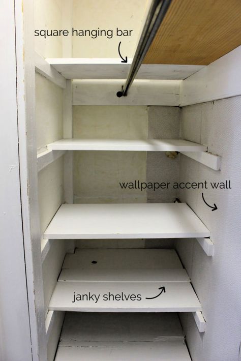 A DIY tutorial to build shelves in a hall linen closet. Tackle that messy, disorganized space with fresh paint and new shelves. How To Organize A Deep Linen Closet, Linen Closet Pull Out Shelves, Small Utility Closet Shelving Ideas, Small Hallway Closet Organization Ideas, Long Narrow Closet Shelves, Organize Deep Closet Shelves, Small Linen Closet Shelving Ideas, Closet To Shelf Conversion, Deep Hallway Closet Organization