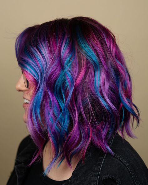 Olivia Montgomery 🦂 PULPRIOT on Instagram: “💗💙💜VIVID💜💙💗 . Color, bleach, and style: @pulpriothair The muscle: @olaplex In the toolbox: @framar @thezukaexperience @colortrak For the…” Pulp Riot Hair Color Ideas, Hair Inspo Pics, Colourful Hair Ideas, Purple Hair Ideas, Unusual Hair Colors, Hair 2025, Hair Colour Inspo, Pulp Riot Hair Color, Locks Of Love