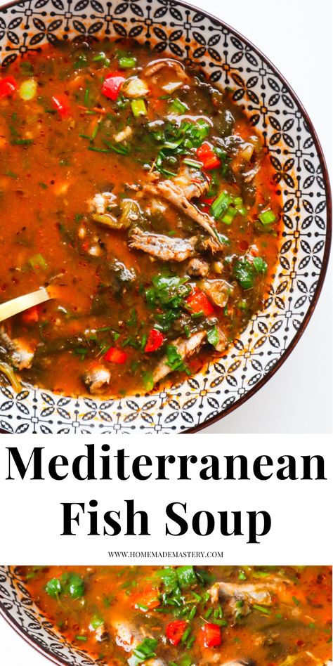 Mediterranean fish soup recipe! The shining stars in this amazing Mediterranean soup are the tomatoes, sardines and dill. This is a light, satiating and healthy lunch or dinner idea that you'll want to make again and again and again. You can make the soup with whatever kind of fish fillets you have. Sardine Recipes Canned, Fish Soup Recipe, Mediterranean Soup, Recipe With Tomatoes, Mediterranean Fish, Fish Stew Recipes, Seafood Soup Recipes, Wraps Recipes Healthy, Sardine Recipes