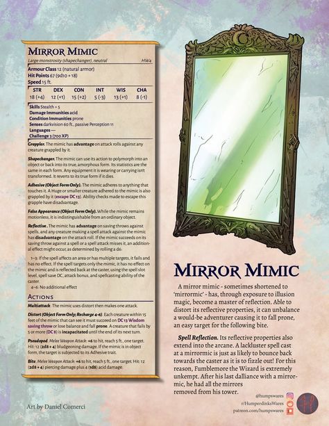 Mirror Mimic - Distort reflections and reflect spells with this twist on a popular foe - CR 3 Monstrosity - UnearthedArcana Dnd Mirror, Dnd Spells, Dnd Stats, The Dragon Prince, Car Tips, The Mimic, D D Items, Dnd 5e Homebrew, D D Monsters