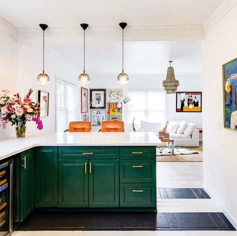 Kitchen Dark Green Cabinets, Green Kitchen Cupboards, Dark Green Cabinets, Dark Green Kitchen, Kitchen Dark, Contemporary Style Kitchen, Bold Kitchen, Green Floor, Kitchen Transformation