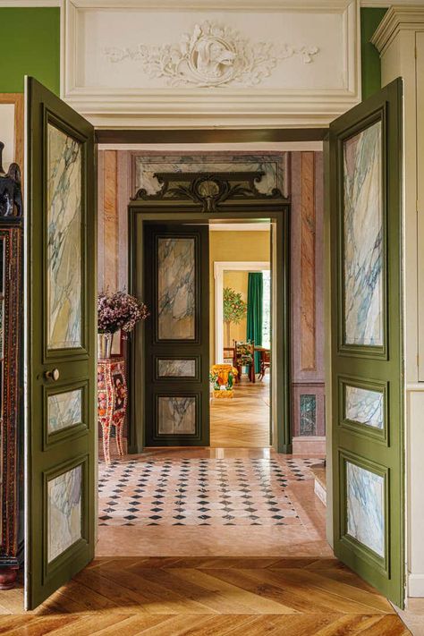 Maison de Campagne by Laura Gonzalez | 1stDibs French Countryside Home, French Manor House, Black Marble Floor, Laura Gonzalez, Classic Kitchen Cabinets, Savannah Hotels, Countryside Kitchen, Olive Green Walls, French Villa