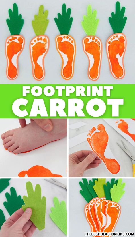 Carrot Footprint Art, Easter Day Crafts For Kids, Easter Craft For Toddlers, Easter Art For Toddlers, Spring Art For Toddlers, Toddler Easter Craft, Easter Toddler Crafts, Toddler Easter Crafts, Footprint Bunny