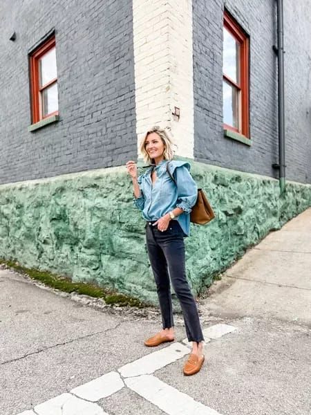 Sam Edelman Mules Outfit, Mule Outfit, Sam Edelman Mules, Spring Workwear, Mules Outfit, Style Inspiration Spring, Power Dressing, Chambray Top, Casual Spring