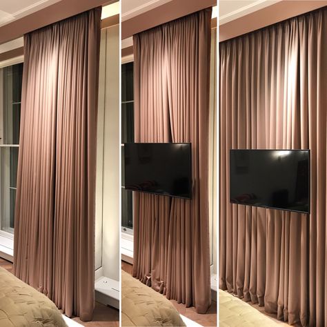 Hide your tv behind the curtains. Tv Behind Door, Curtains Behind Tv Living Rooms, Curtain Wall Behind Tv, Full Wall Drapes Bedroom, Hidden Tv Curtain, Curtains Covering Entire Wall, Curtain Covering Wall, Hide Tv In Bedroom, Tv Hidden Behind Curtains