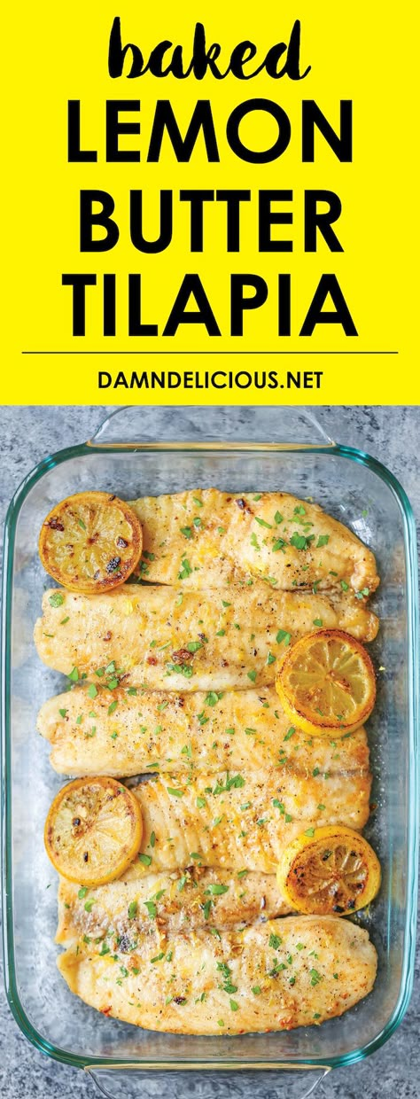 Baked Lemon Butter Tilapia - The easiest, most effortless 20 min meal ever from start to finish. And it’s all made in a single pan. Win-win situation here. 20 Min Meal, Lemon Butter Tilapia, Baked Tilapia, Tilapia Recipes, Recipe Dinner, Fish Dinner, Lemon Butter, Idee Pasto Sano, Fish Dishes